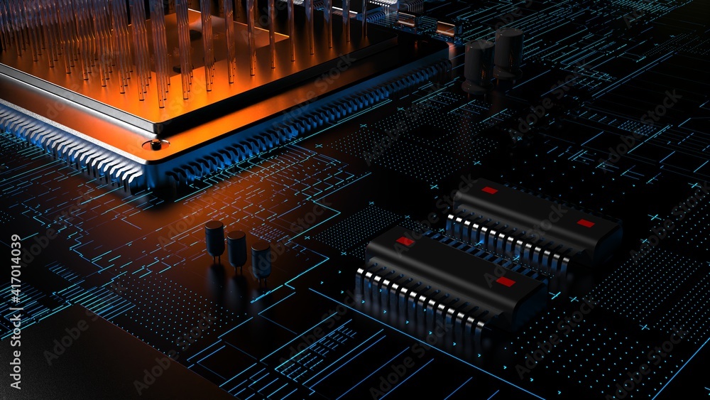 processor chip on a printed circuit board in red backlight. 3d illustration on the topic of technology and the power of artificial intelligence. processor chip on a printed circuit board in red backlight. 3d illustration on the topic of technology and the power of artificial intelligence.