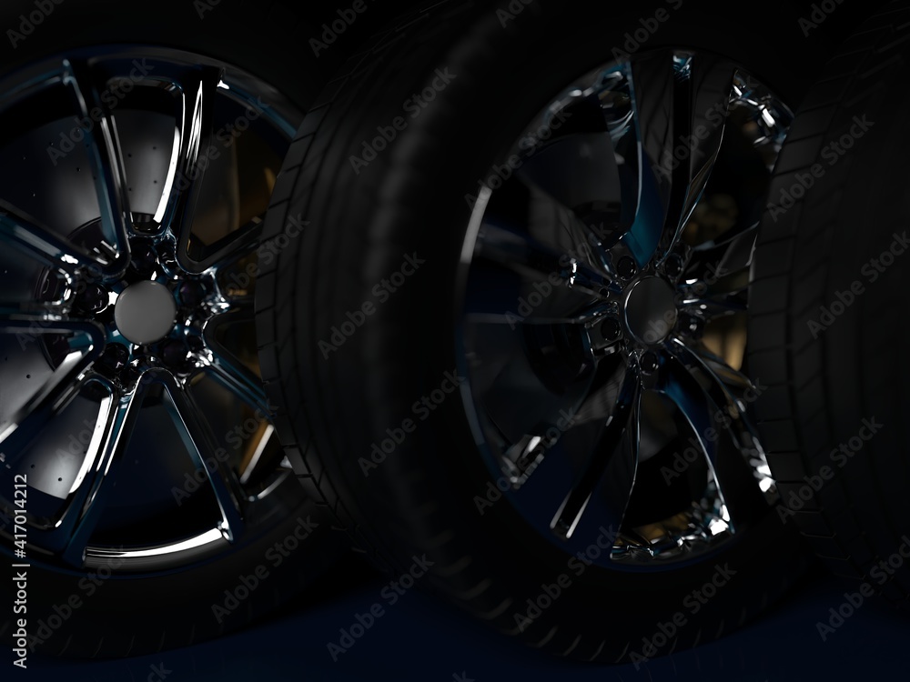 Fototapeta premium auto wheels on a dark background with chrome rims close-up. 3d render