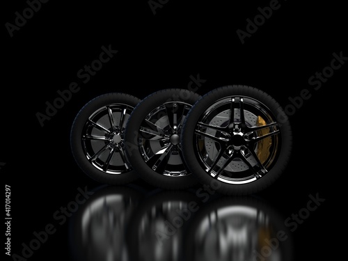 auto wheels on a dark background with chrome rims close-up. 3d render