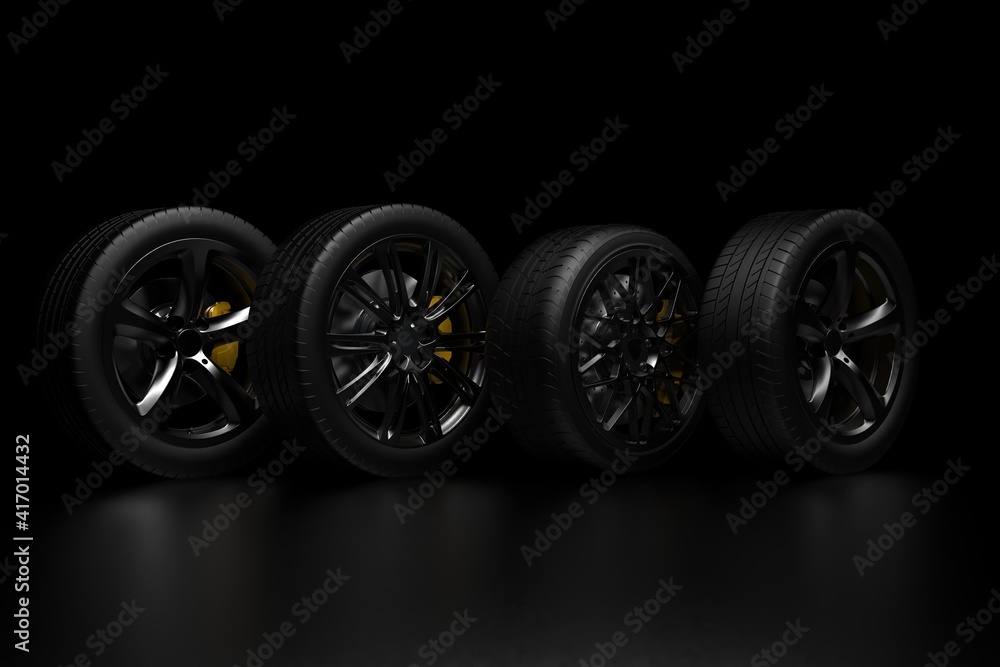 auto wheels on a dark background with chrome rims. 3d render auto wheels on a dark background with chrome rims. 3d render