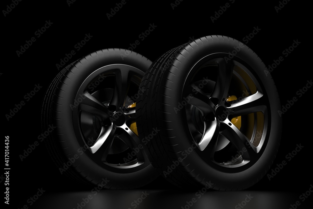 auto wheels on a dark background with chrome rims. 3d render