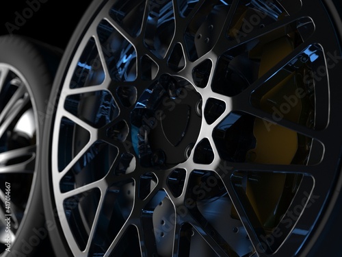 auto wheels with chrome rims close up. 3d render