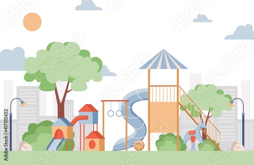 Children playground vector flat illustration. Swings, ball, toy horse, slide, seesaw at summer city park. Place for children outdoor activity. Happy childhood, park amusements concept.