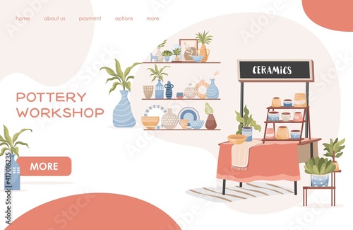 Pottery workshop vector flat landing page template with text. Modern handmade pottery, handcraft porcelain, ceramic vases, and flower pots on wooden shelf. Ceramic studio web page design.