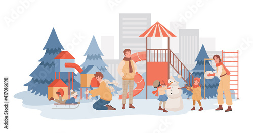 Parents spending time together with their children at winter playground vector flat illustration. Kids making snowman with mother and father, boy riding on sled in urban park. Happy childhood.