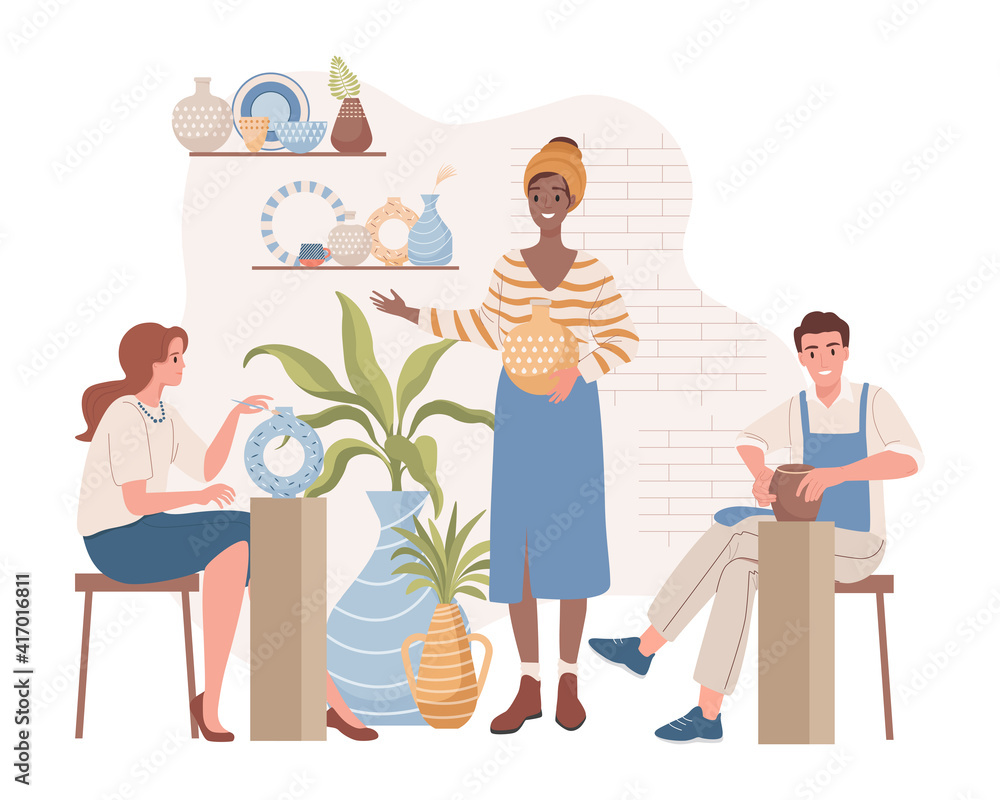 Woman teaching people on pottery lessons vector flat illustration. Happy man and woman making and decorating clay vases and pots at pottery workshop. People enjoying their hobby. Woman teaching people on pottery lessons vector flat illustration. Happy man and woman making and decorating clay vases and pots at pottery workshop. People enjoying their hobby.