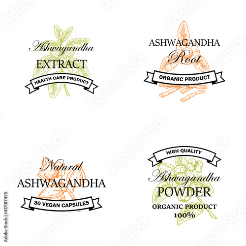 Set of hand drawn Ashwagandha logos isolated on white background. Vector illustration in sketch style.