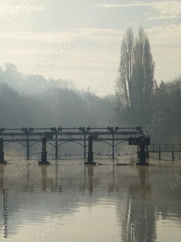 Boulters Lock weir, Maidenhead on a misty autumn morning