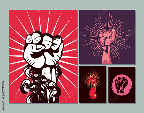 Revolution fists up banners icon group vector design