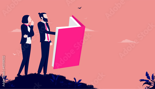 Employee training - Businessman and woman reading book and learning together. Coursed and education concept. Vector illustration.