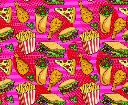 Fast food vector seamless pattern. Hamburger, hot dog, pizza, sandwich, meat, french fries, onions, tomatos. Pop art style