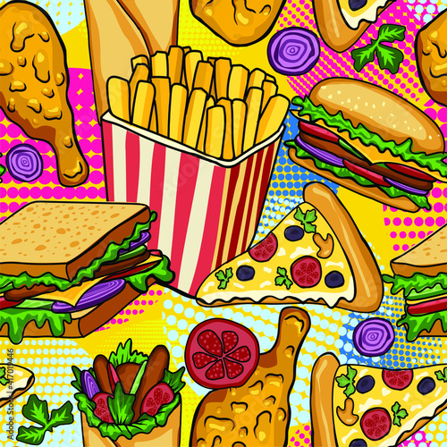 Fast food vector seamless pattern. Hamburger, hot dog, pizza, sandwich, meat, french fries, onions, tomatos. Pop art style