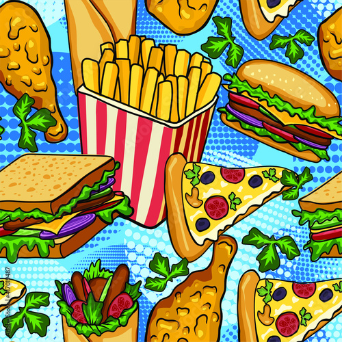 Fast food vector seamless pattern. Hamburger, hot dog, pizza, sandwich, meat, french fries, onions, tomatos. Pop art style