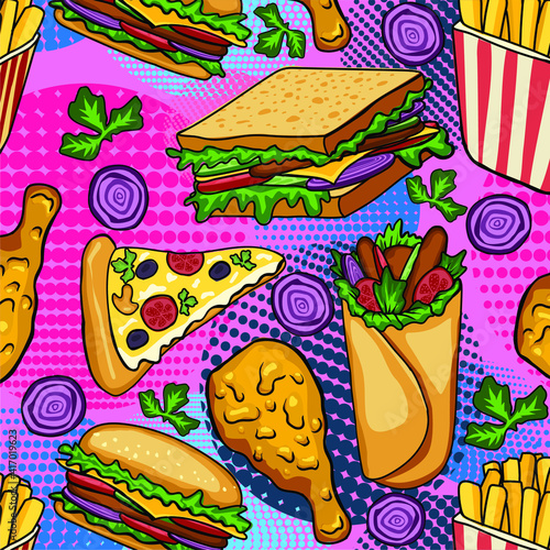 Fast food vector seamless pattern. Hamburger, hot dog, pizza, sandwich, meat, french fries, onions, tomatos. Pop art style