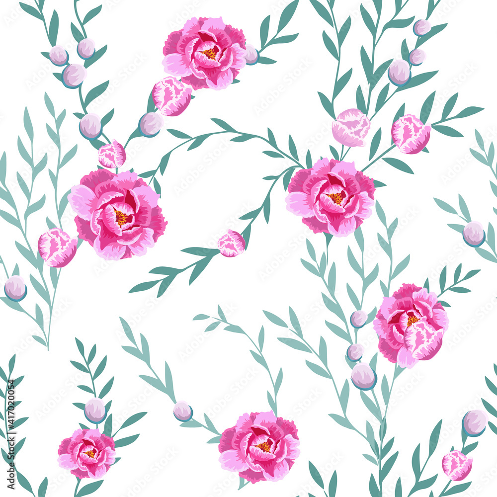 The seamless background of the sprig with pink flowers. Vector illustration