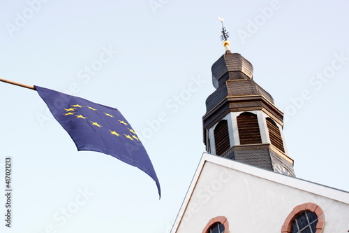 church steeple and EU flag