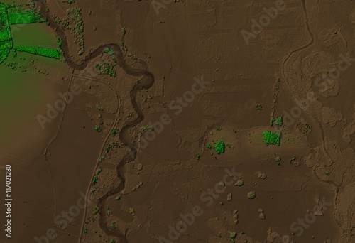 Digital elevation model of a forest area with a river. GIS product made by aerial mapping from a drone. Lidar scan and multispectral camera gives NDVI and NIR effect. photo