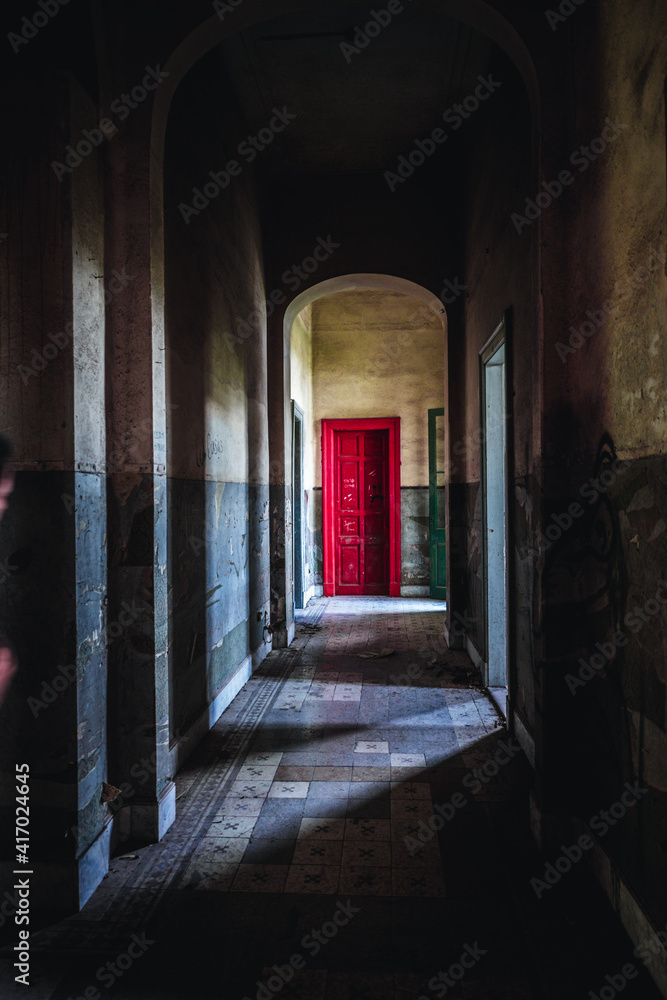 Red door in an haunted house - freaky freak