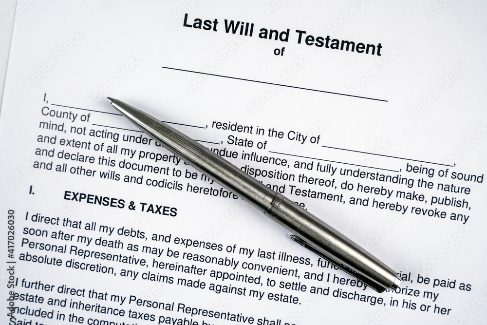 Last will and testament document form and silver pen. Last will and testament document form and silver pen.