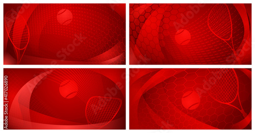 Set of four abstract tennis backgrounds with ball and racket in red colors