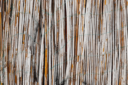 White painted bamboo fence. Close-up of bamboo texture. Wooden background from natural materials.