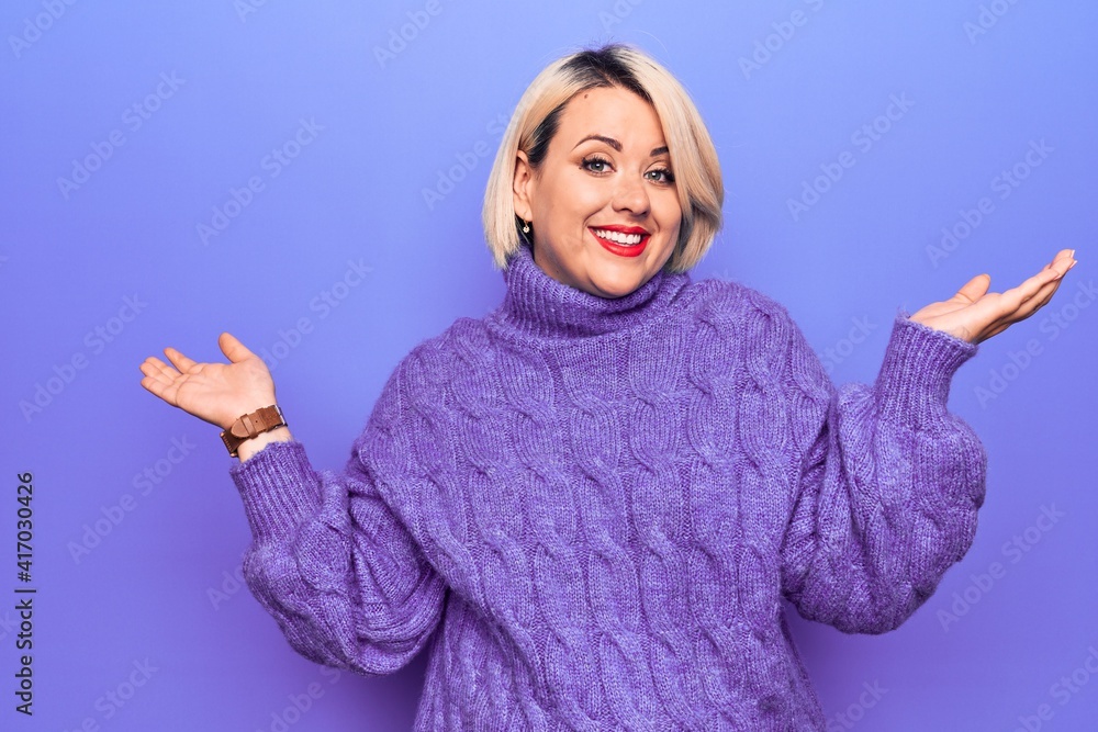 Beautiful blonde plus size woman wearing casual turtleneck sweater over purple background clueless and confused expression with arms and hands raised. Doubt concept. Beautiful blonde plus size woman wearing casual turtleneck sweater over purple background clueless and confused expression with arms and hands raised. Doubt concept.