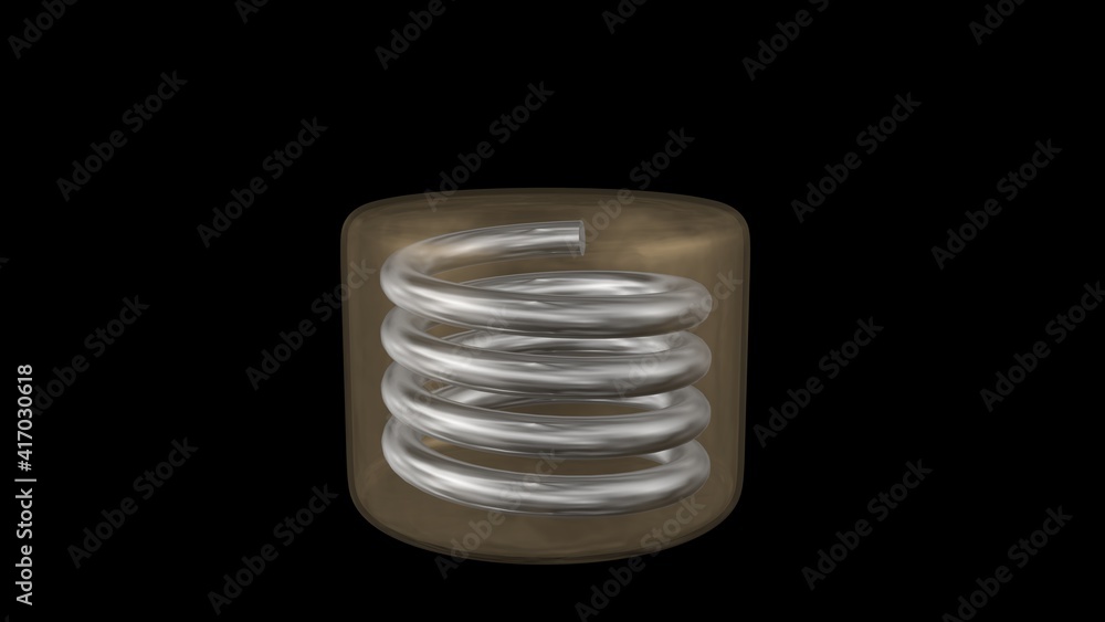 Coiled spring with shiny metal surface. Encased in transparent shell ...
