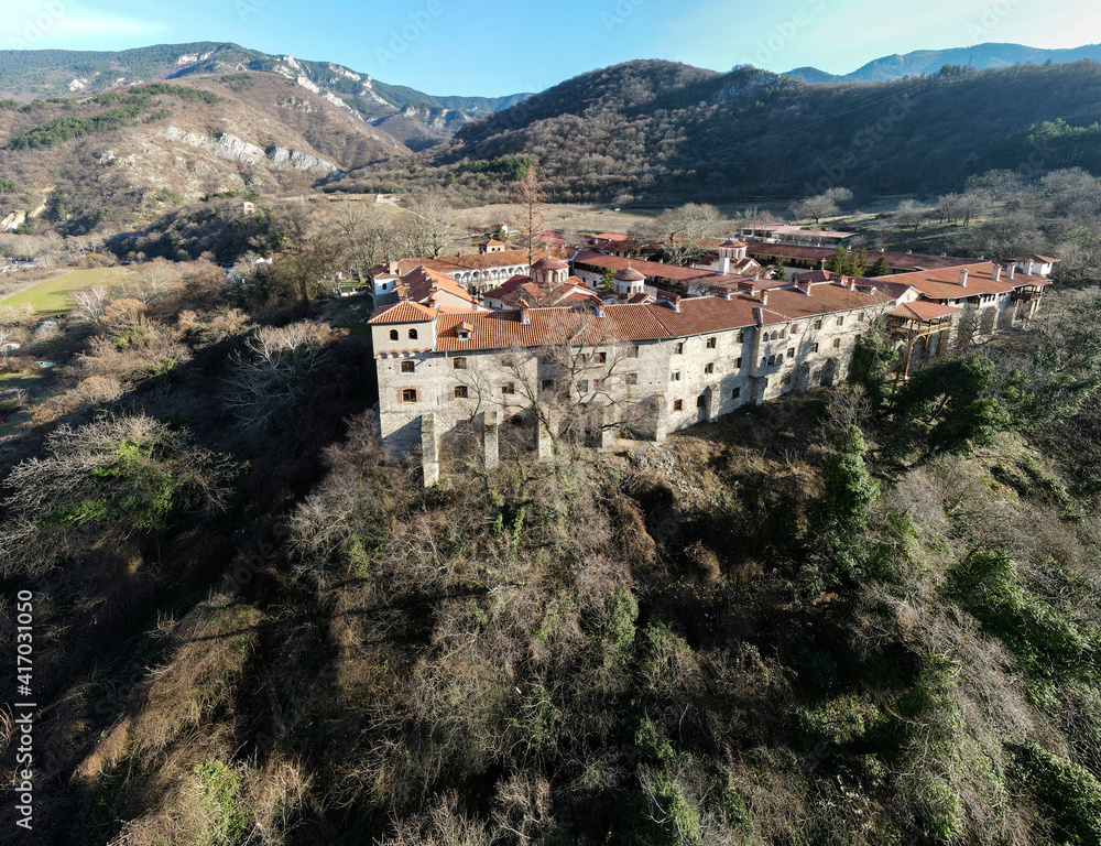 Aerial panorama of Medieval Bachkovo Monastery, Bulgaria