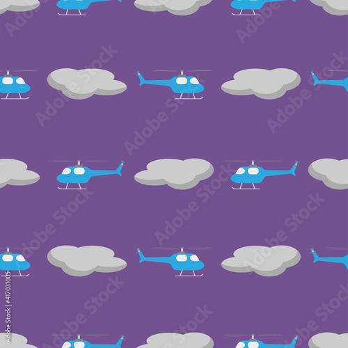 Helicopter with clouds isolated on purple background. Seamless patterns. Vector illustration.