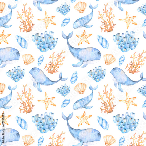 Watercolor marine pattern of multicolored seashells starfish  multicolored corals and blue whales for design  decoration.Great for cards  posters coupons baby products decorative paper and any design.