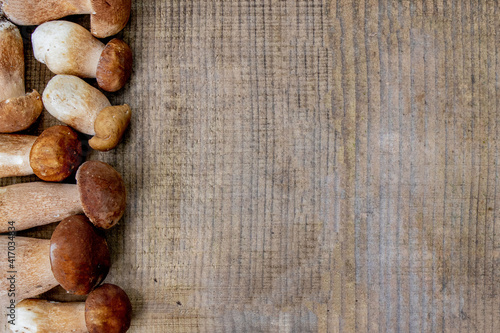 Mushroom Boletus over Wooden Background. Autumn Cep Mushrooms. Ceps Boletus edulis over Wooden Background, close up on wood rustic table. Cooking delicious organic mushroom. Gourmet food