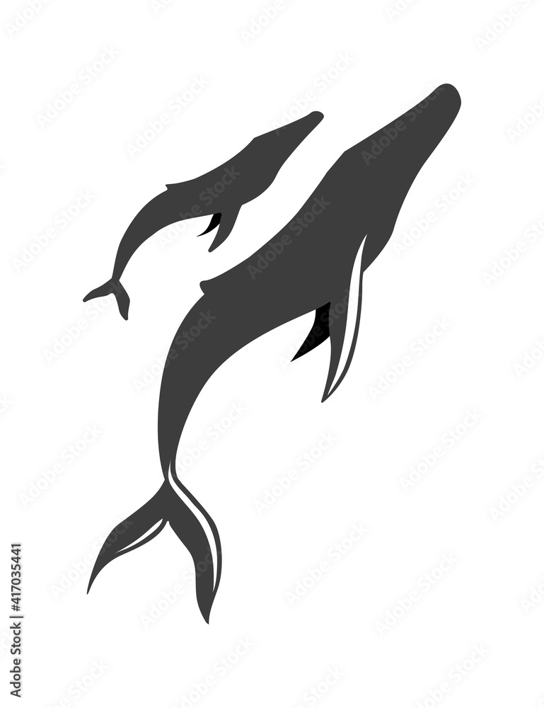Obraz premium Whale icon on white background. Whale silhouettes. Flat vector illustration of whale. Graphic design elements for print and web.