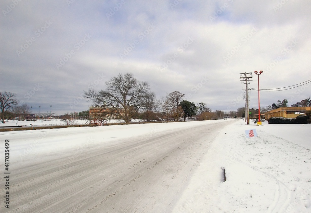 snow covered road in Northeast Louisiana are rare