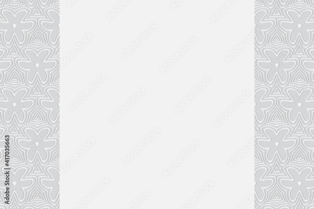 Geometric convex volumetric background from a relief ethnic pattern. Vertical inserts. 3d white wallpaper with stylized shapes.