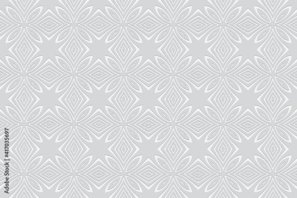 Geometric convex volumetric background from a relief ethnic pattern. 3d white wallpaper in oriental folk style.
