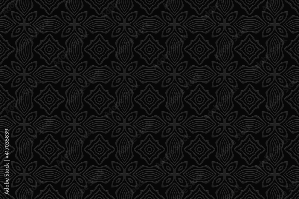Geometric convex volumetric background from a relief ethnic African, Mexican, Aztec pattern. 3d black wallpaper for presentations. Geometric convex volumetric background from a relief ethnic African, Mexican, Aztec pattern. 3d black wallpaper for presentations.