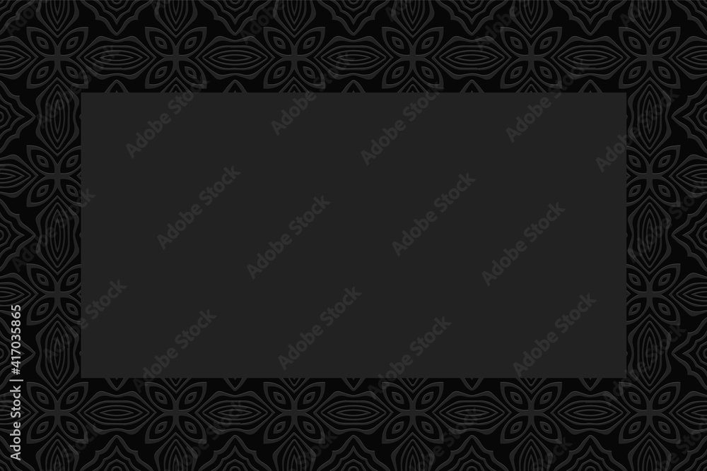 Geometric convex volumetric background from a relief ethnic African, Mexican, Aztec pattern. Frame for text. 3d black wallpaper for presentations.