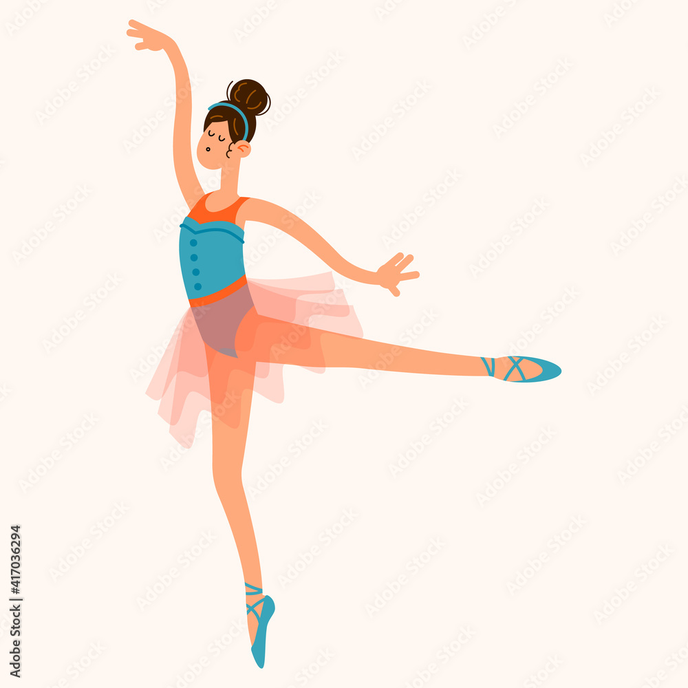 Dancing ballerina girl in a ballet tutu costume. Hand drawn vector illustration in cartoon flat style. Dancing ballerina girl in a ballet tutu costume. Hand drawn vector illustration in cartoon flat style.