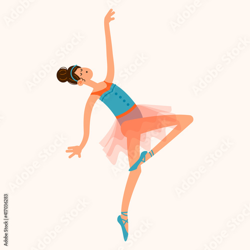 Dancing ballerina girl in a ballet tutu costume. Hand drawn vector illustration in cartoon flat style.