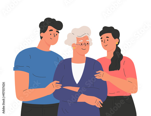 Happy adult children hugging old mother feeling love to each other. Portrait of young people hugging their grandma. Friendly family relationship. Cartoon vector flat illustration on white background. 