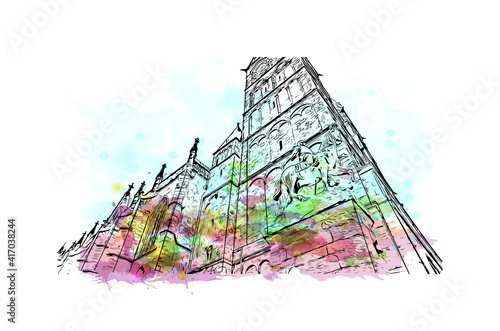 Building view with landmark of Bremen is a city straddling the Weser River in northwest Germany. Watercolour splash with hand drawn sketch illustration in vector.