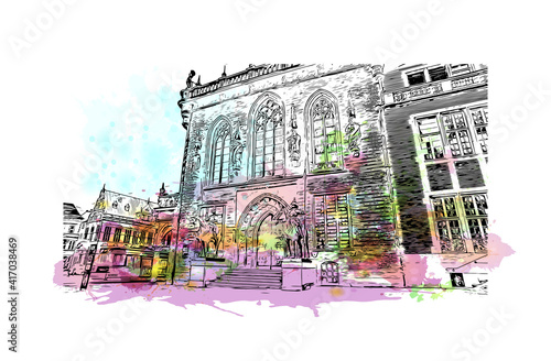Building view with landmark of Bremen is a city straddling the Weser River in northwest Germany. Watercolour splash with hand drawn sketch illustration in vector.