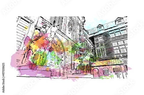 Building view with landmark of Bremen is a city straddling the Weser River in northwest Germany. Watercolour splash with hand drawn sketch illustration in vector.