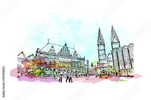Building view with landmark of Bremen is a city straddling the Weser River in northwest Germany. Watercolour splash with hand drawn sketch illustration in vector.