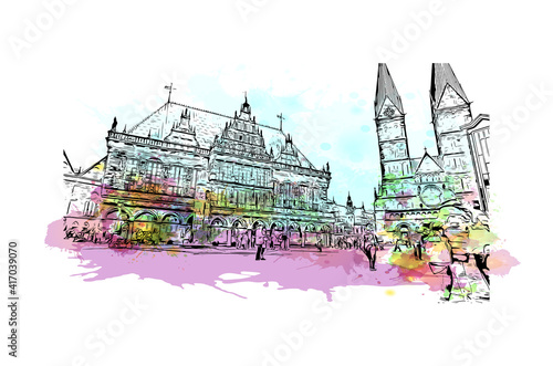 Building view with landmark of Bremen is a city straddling the Weser River in northwest Germany. Watercolour splash with hand drawn sketch illustration in vector.