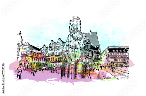 Building view with landmark of Bremen is a city straddling the Weser River in northwest Germany. Watercolour splash with hand drawn sketch illustration in vector.