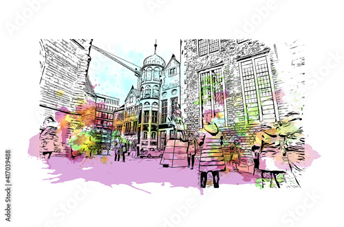 Building view with landmark of Bremen is a city straddling the Weser River in northwest Germany. Watercolour splash with hand drawn sketch illustration in vector.