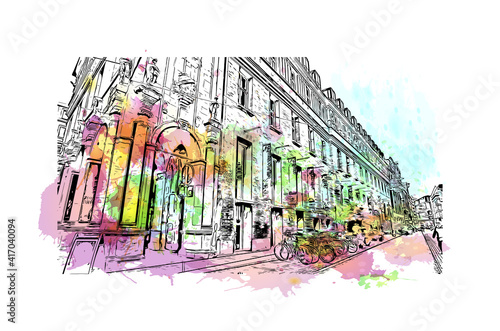 Building view with landmark of Bremen is a city straddling the Weser River in northwest Germany. Watercolour splash with hand drawn sketch illustration in vector.