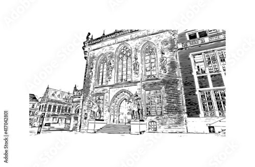 Building view with landmark of Bremen is a city straddling the Weser River in northwest Germany. Hand drawn sketch illustration in vector.