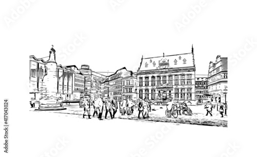 Building view with landmark of Bremen is a city straddling the Weser River in northwest Germany. Hand drawn sketch illustration in vector.